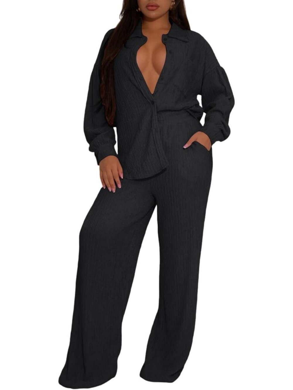 Chic Women's 2-Piece Outfit Set | Button Down Shirt & Wide Leg Pants